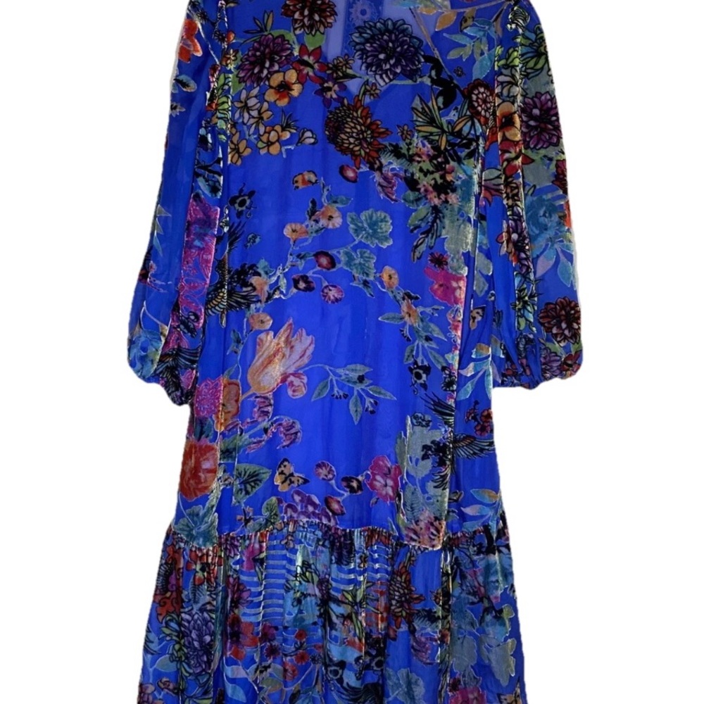 JOHNNY WAS Royal Blue Silk Ermyas Burnout Floral Long Sleeve Dress Boho Chic MED - Picture 2 of 5